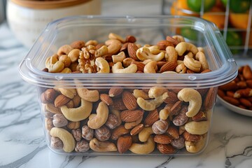 Transparent container with mixed nuts