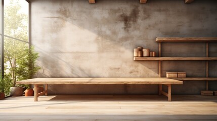 Minimalist wooden bench in empty room