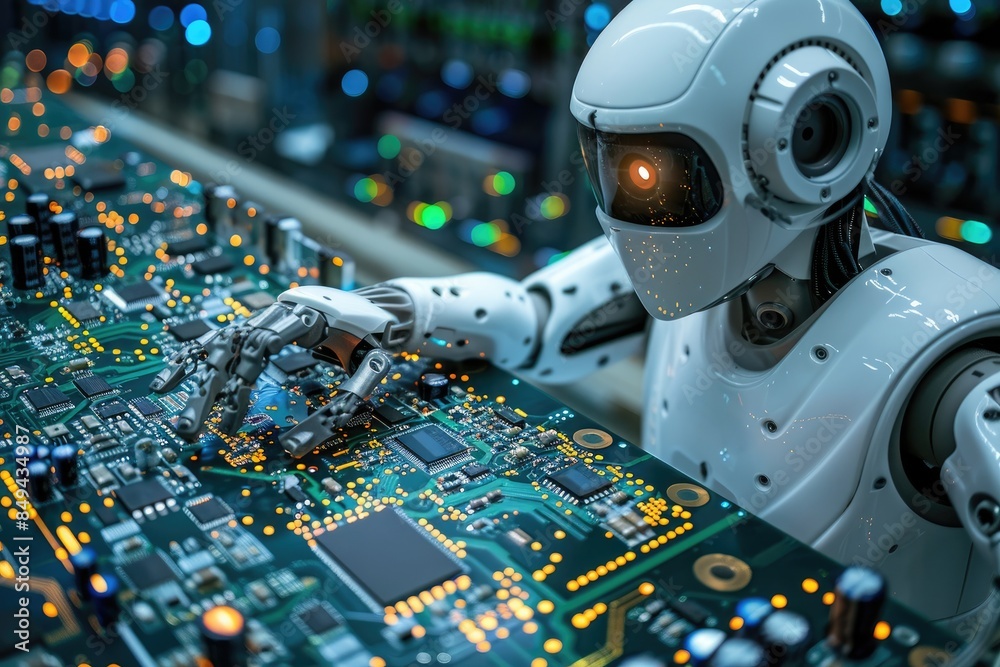 Aufkleber advanced humanoid robot assembling electronics on a circuit board