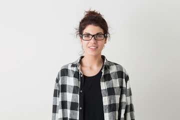 portrait of young hipster pretty woman in checkered shirt