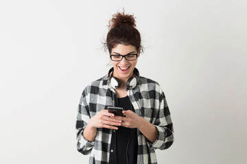 portrait of young hipster pretty woman in checkered shirt