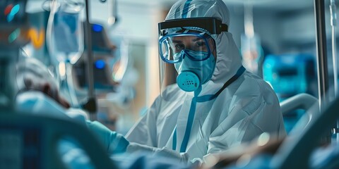 Medical professional in protective gear attending to ICU patient surrounded by advanced medical equipment. Concept Medical Care, ICU Treatment, Protective Gear, Healthcare Technology