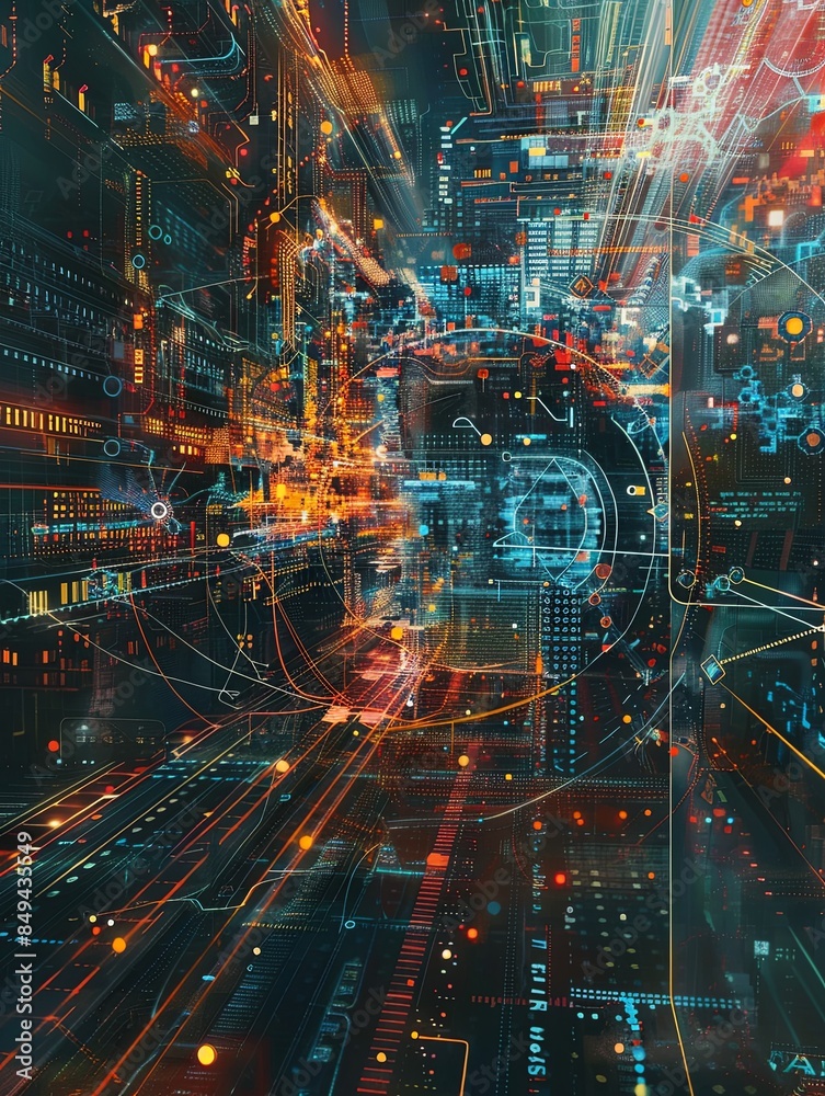Fototapete An abstract visualization depicting massive information streams, complex graphs, and digital interfaces, representing the intricate and dynamic nature of AI data processing. Generative AI