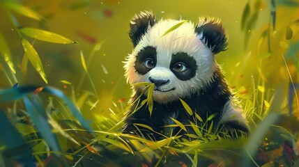 Fototapeta premium A sad-looking panda sits amidst tall grass, gazing at the camera