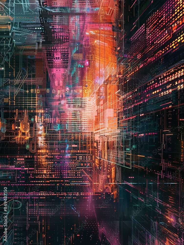 Aufkleber A colorful, intricate visualization of big data processing with complex graphs and digital interfaces. Generative AI