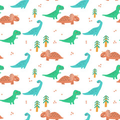 Childrens animals pattern of cute baby dinosaurs collection. For textile. Nursery design. Childrens dinosaurs background with tropical tree. Childish animals pattern, hand drawn elements.