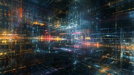 An intricate, dynamic abstract visualization representing AI data processing and big data streams. Generative AI