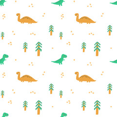 Childrens animals pattern of cute baby dinosaurs collection. For textile. Nursery design. Childrens dinosaurs background with tropical tree. Childish animals pattern, hand drawn elements.