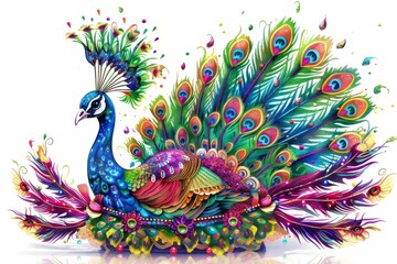 Experience the allure of a stunning Mardi Gras float featuring a majestic peacock, its feathers shimmering with iridescent colors as it gracefully glides along the parade route.