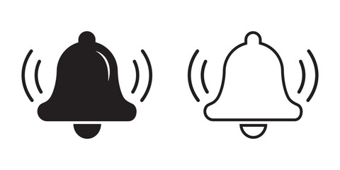 Notification bell icon set, feel or outline icon, On and off alarm and message. Set of ringing bells with new notification.