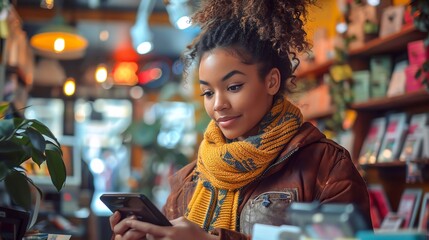Obraz premium A young woman wearing a brown jacket and yellow scarf smiles while looking at her phone.