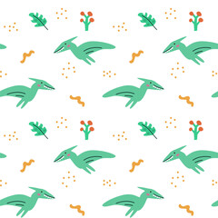 Childrens animals pattern of cute baby dinosaurs collection. For textile. Nursery design. Childrens dinosaurs background with tropical tree. Childish animals pattern, hand drawn elements.