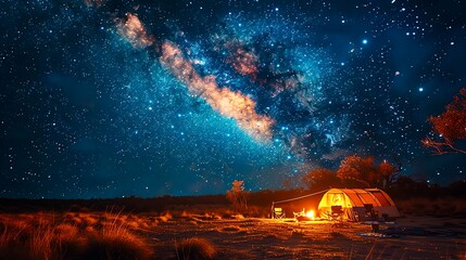 A beautiful view of the night sky full of stars with a tent and a campfire.