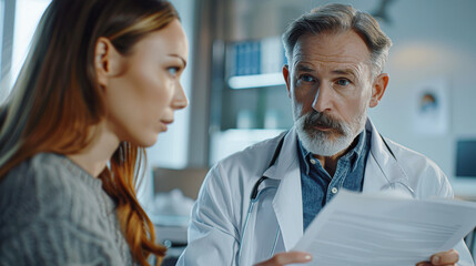 Fototapeta premium Confident Doctor Presenting Document to Patient in Authentic Clinical Setting