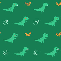 Childrens animals pattern of cute baby dinosaurs collection. For textile. Nursery design. Childrens dinosaurs background with tropical tree. Childish animals pattern, hand drawn elements.