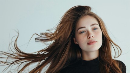 Fototapeta premium Beautiful model girl with shiny brown and straight long hair isolate in white background