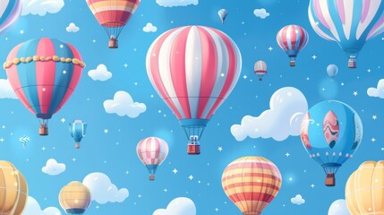 seamless pattern of colorful hot air balloons floating in the sky.