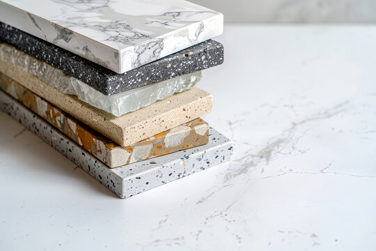 A variety of marble and quartz countertop samples are stacked on a white marble background.