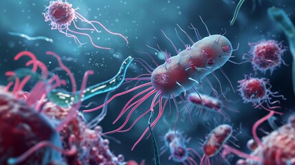 Obraz premium Nanorobots attack bacteria in cells. Biological robots are introduced into the affected cell