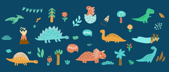 Childrens dinosaurs set, baby animals background. Dinosaurs characters collection, bundle. Can used for stickers, posters. Doodle baby animals for kids design. Dino with palm and plants.