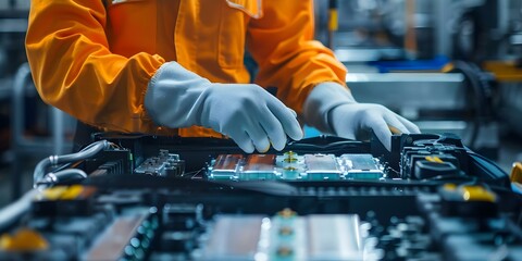 Technician in gloves inspects lithiumion EV car battery in automotive industry. Concept Automotive Industry, Lithium-ion Batteries, Technician Inspection, Electric Vehicles, Safety Gloves