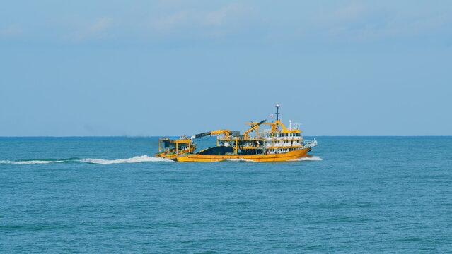 Fishing Ship Trawler At Day In The Sea. Ship Sailing Close Up Fishing Boat. Real time.