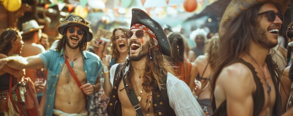 Friends attending a street fair for International Talk Like a Pirate Day, September 19th, dressed as pirates and having fun, 4K hyperrealistic photo.