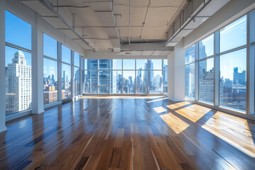 Panoramic windows offer stunning views of the city skyline in this modern office space. The hardwood floors and high ceilings create a spacious and inviting atmosphere.