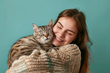 Young lady holds a sleeping tabby cat and smiles with her eyes closed against a teal backdrop