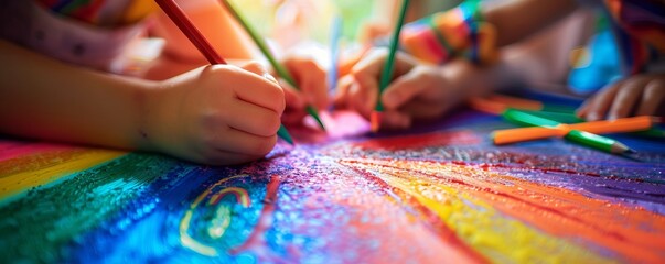Fototapeta premium Kids drawing for National Coming Out Day, October 11th, creating rainbow-themed art, 4K hyperrealistic photo.