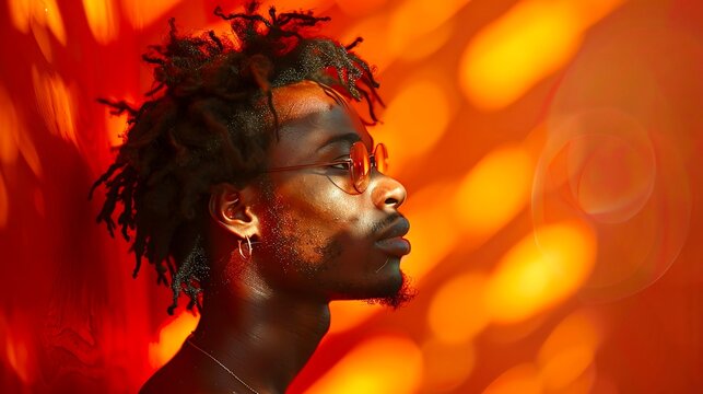A young man with curly hair and glasses is standing in front of an orange background