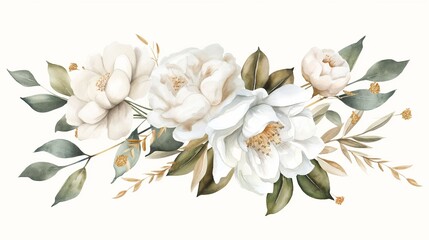 Watercolor White Flowers, set of floral illustration bouquet, white rose, peony, green and gold leaf branches collection
