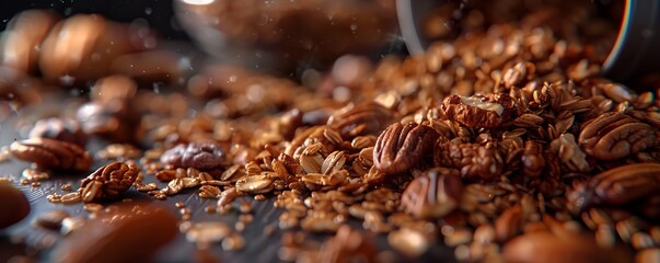 Making maple pecan granola for National Granola Day, October 10th, crunchy clusters and maple sweetness, 4K hyperrealistic photo.