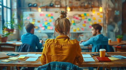 Obraz premium A young woman sits at her desk, looking at a wall of sticky notes