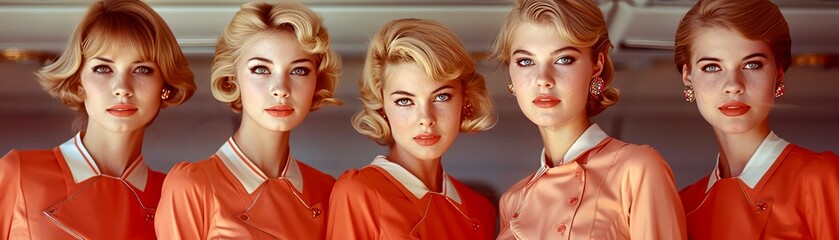 Five beautiful flight attendants in orange uniforms from the 1960s.