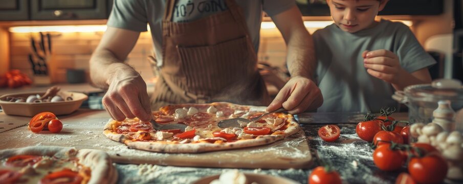 Family having a pizza night for National Chop Suey Day, August 29th, making and eating homemade pizzas, 4K hyperrealistic photo.