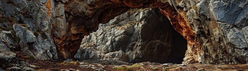 A natural rock archway with dark, shadowy interior.