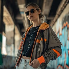 Obraz premium Urban Street Style Fashion Portrait, showcasing trendy urban fashion and streetwear, hyperrealistic 4K photo.