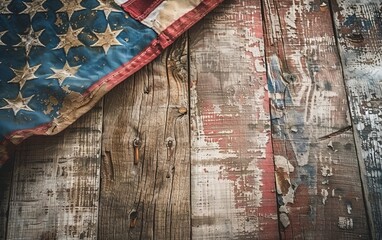 A weathered American flag draped over a rustic wooden background.