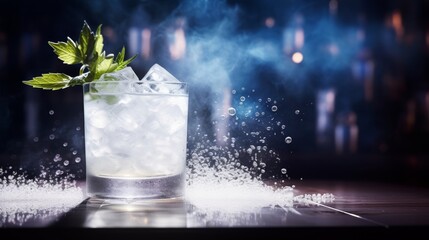 White cocktail with ice at the bar with copy space