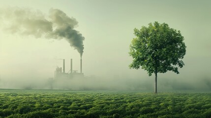 a green tree and meadow with clear air to a factory emitting pollution 