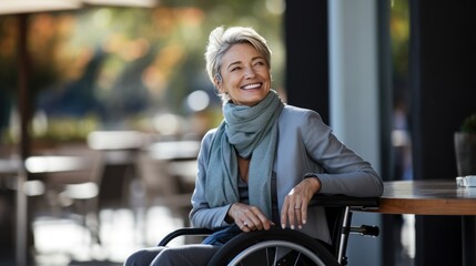 Happy mature businesswoman sitting in a wheelchair 