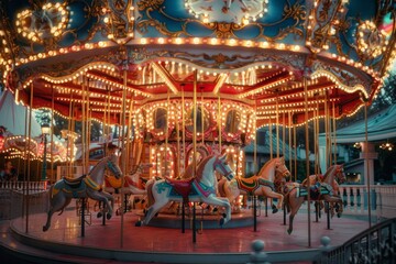 Step into a world of whimsy and wonder with this ornamental carousel, adorned with bright lights and whimsical decorations, evoking the enchanting spirit of the Spanish carnival.