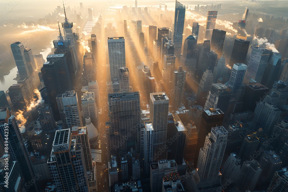 Wall mural aerial view of a cityscape at dawn, with the first rays of sunlight glinting off skyscrapers - Wall murals