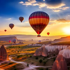 Obraz premium Soaring Perspectives: Hot Air Balloon Adventure over Breathtaking Landscapes 