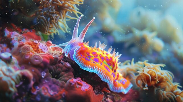 The photo shows a colorful sea slug with blue, orange and yellow hues.