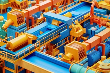 A large industrial building with yellow pipes and blue pipes