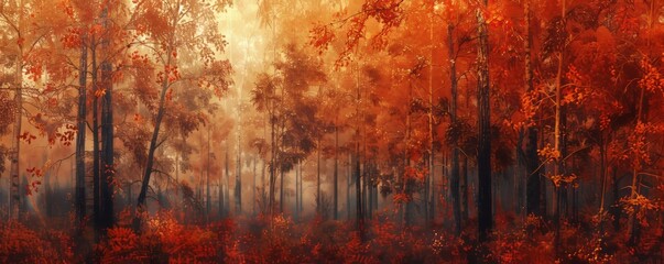 Autumnal forest ablaze with fiery reds, oranges, and yellows, 4K hyperrealistic photo