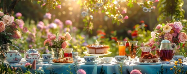 Summer garden tea party with floral decor, elegant settings and tea delights, 4K hyperrealistic photo.