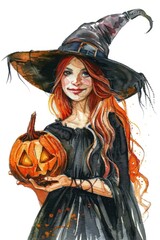 Smiling Witch Girl Surrounded by Jack-O-Lanterns